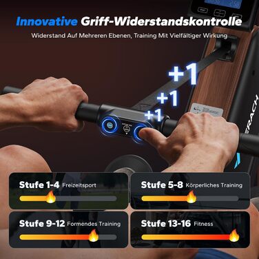 Гребний тренажер MERACH для дому, складаний, з магнітним приводом, тихий, з додатком, подовжені направляючі рейки, електричне регулювання (Plug-in)