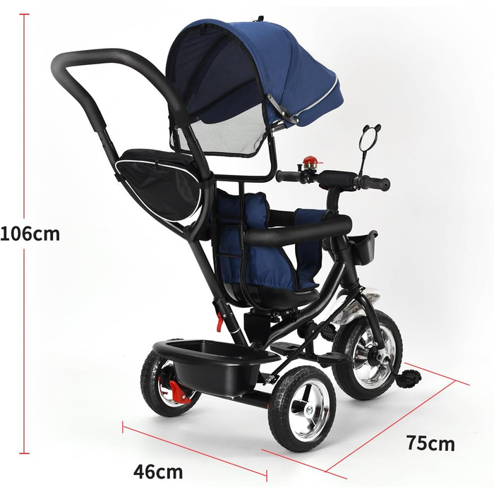 Триколісний велосипед 4 в 1 для дітей від 1 року з батьківською ручкою – дитячий триколіс для 1-4 роки до 25 кг, регульована батьківська ручка, поворотне сидіння, складна тентова система та кошик – компактний та безпечний (Темно-синій)