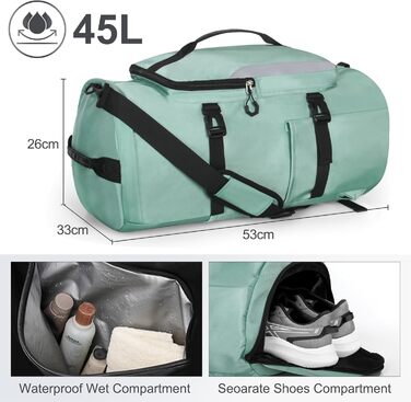 Спортивна сумка JiangLin 45L з відділенням для взуття та мокрих речей, велика дорожня сумка для жінок та чоловіків, рюкзак-трансформер для подорожей, спорту, фітнесу, плавання (зелена)