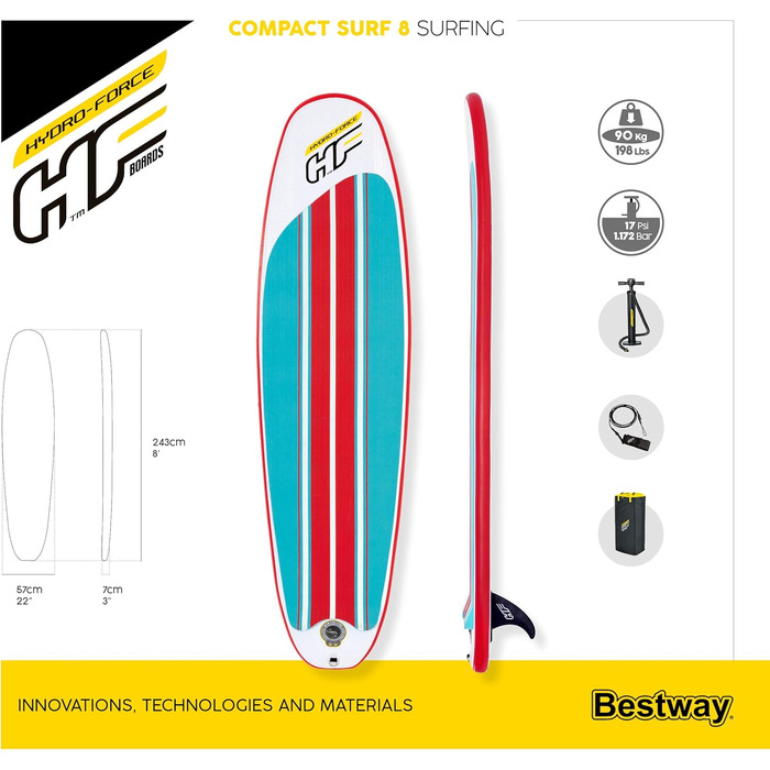 Надувний SUP-борд HYDRO FORCE Compact Surf 8' x 22'' x 3'' для Stand-Up Paddling, Multicolor