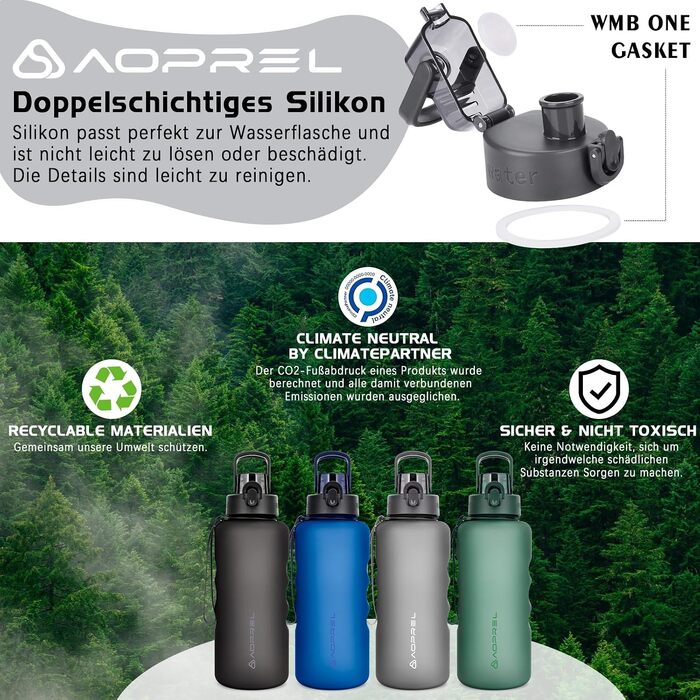 Спортивна пляшка для води AOPREL 1.5л з фільтром, Tritan BPA-free, герметична пляшка для фітнесу, походів та офісу (Сіра)