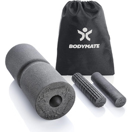 Набір для масажу BODYMATE CARE CORE: ролик для фасцій 35x14 см середньої жорсткості з канавкою, дві малі ролики 20x4,5 см (гладка та з виступами), чорний + електронна книга
