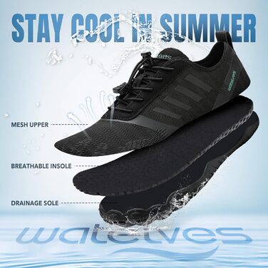 Взуття для плавання та фітнесу WateLves: зручні аквашузи для чоловіків та жінок, чорний колір, розмір 44 EU, широка передня частина