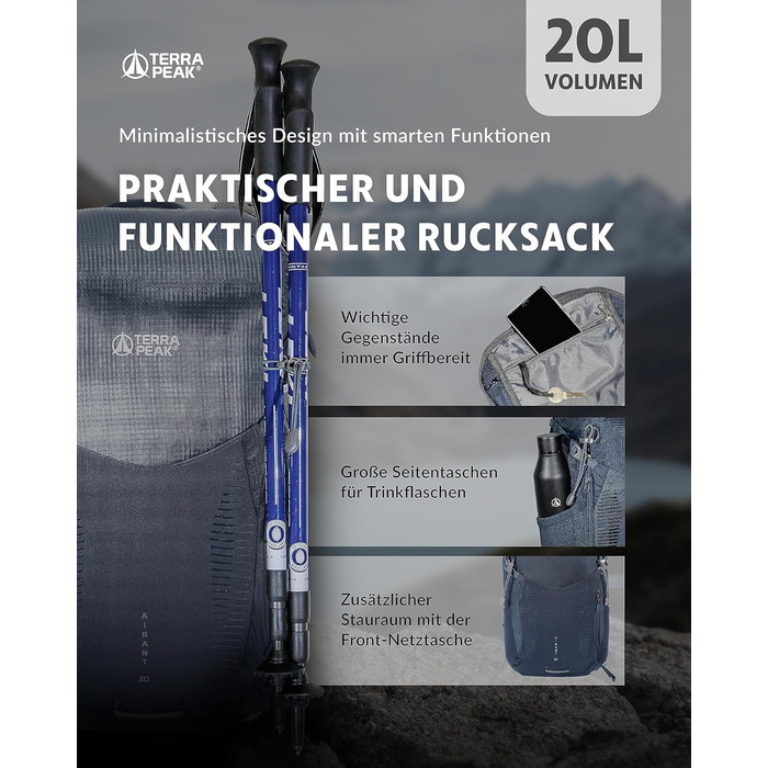 Рюкзак Terra Peak 20 л з вентильованою спинкою, питною системою та дощовиком, туристичний міський рюкзак з поясом для походів, синій