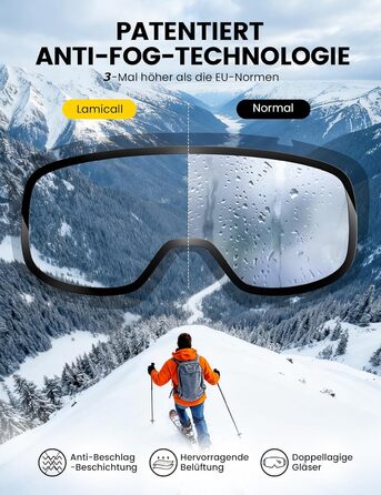 Ламікал - скі-маска для жінок та чоловіків, сноуборд маска з антизапітніючою технологією, дзеркальна, для носіїв окулярів, захист від сонця UV400, чорний каркас, блакитне скло (VLT: 11%)