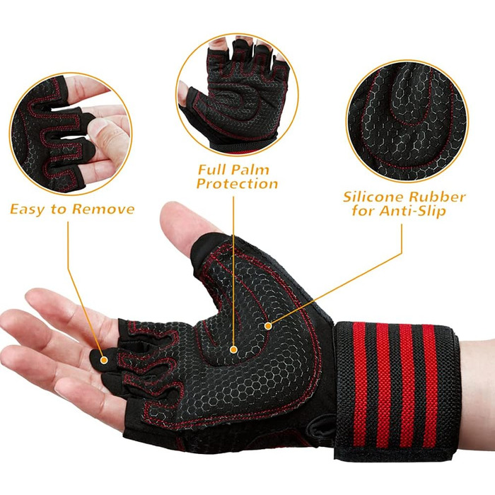 Фитнес рукавички для тренувань з підтримкою зап'ястя для жінок та чоловіків, неслизькі, дихаючі рукавички для важкої атлетики, велоспорту, тренувань, червоні, розмір L