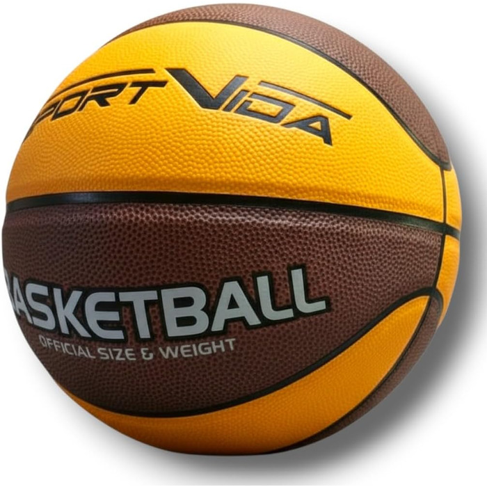 Баскетбольний м'яч SportVida, розмір 7 - для залу та вулиці, преміум PU-шкіра, антиковзкий, для бетону та залу, офіційний розмір (75-78 см), коричнево-жовтий
