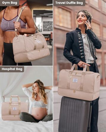 Велика спортивна дорожня сумка LOVEVOOK 50 л з косметичкою, відділенням для взуття та вологих речей, водонепроникна сумка для пляжу, басейну, сауни, ручна поклажа для подорожей, пісочного кольору