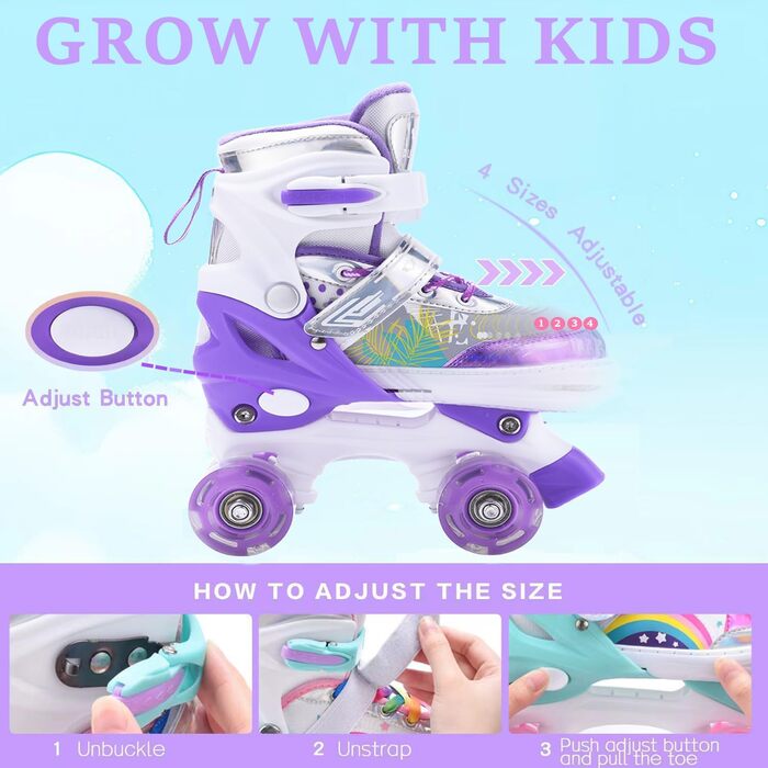 Ролики дитячі ERNAN регульовані, LED ролики для дівчаток та хлопчиків, комфортні, для підлітків та початківців, ідеальні для подарунка на День народження та Різдво (фіолетовий)
