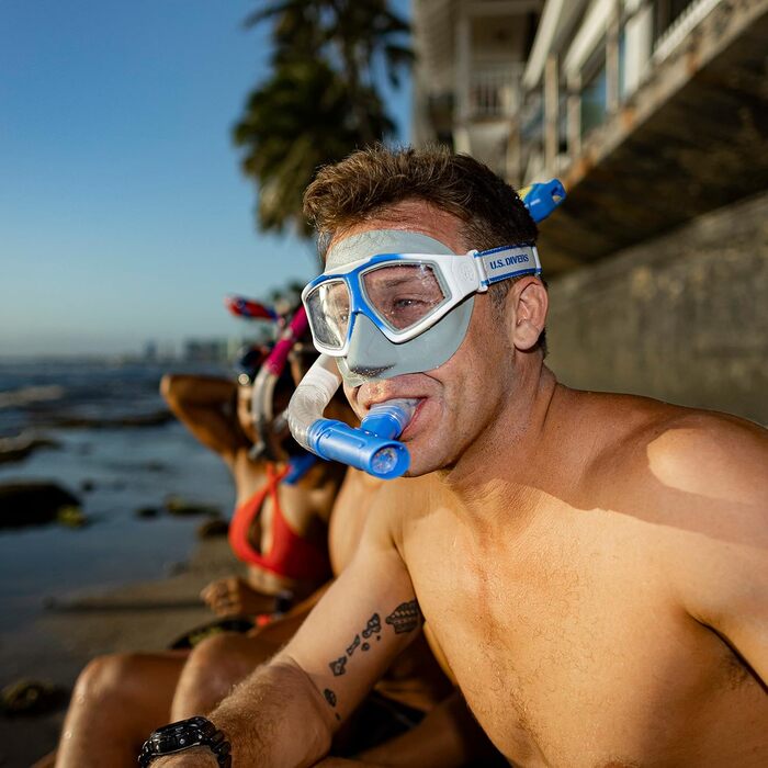 Набір для підводного плавання US.Divers Avila: силіконова маска та трубка з клапаном для дорослих, UV-захист, антифог, захист від протікань, для чоловіків і жінок, водний спорт, білі з синіми лінзами