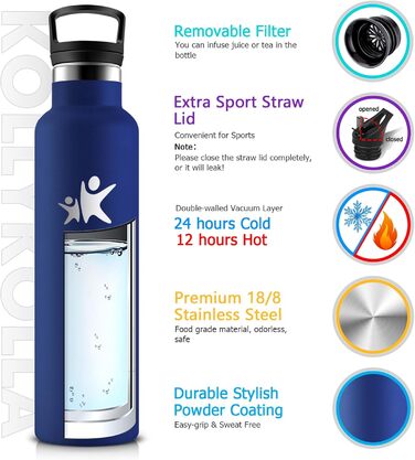 Фляга KollyKolla 750 мл з нержавіючої сталі, ізольована, з трубочкою, без BPA, для газованої води, вакуумна термофляга, фляга для дорослих, універсальна, для спорту, офісу, тренажерного залу, велосипеда, кемпінгу, темно-синій колір