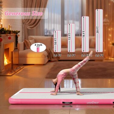 Надувна гімнастична мат для тренувань VOFiTNY (10/20 см товщина, 3/4/5/6 м довжина) для дому, парку та йоги (рожева)