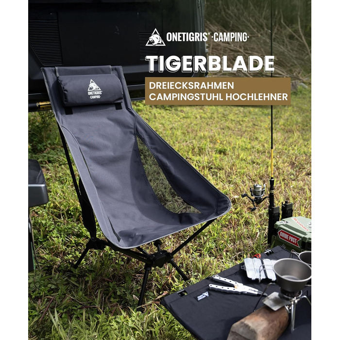 Стілець для кемпінгу OneTigris TIGERBLADE з високою спинкою, 170 кг, складаний, легкий, з трикутним каркасом, для риболовлі з 2 кишенями, для відпочинку на природі, піших прогулянок (сірий)