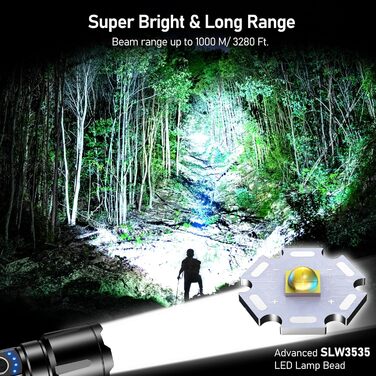 Ліхтар Blukar LED акумуляторний, 500000 люмен, тактичний, з функцією зуму, 5 режимів, водонепроникний IP67, для кемпінгу, туризму, риболовлі, надзвичайних ситуацій, чорний