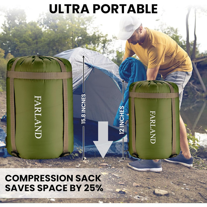 Сплячі мішки FARLAND для дорослих, підлітків та дітей, до -6.7°C, 3-4 сезони, водонепроникні, для кемпінгу та подорожей, з компресійним мішком