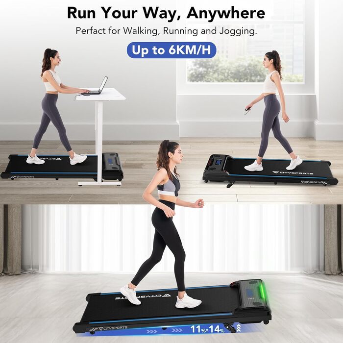 CITYSPORTS Біговий тренажер з регулюванням нахилу, Walking Pad з LED-дисплеєм та світловим ефектом, 1-6 км/год, для дому та офісу, з пультом керування (Blue)