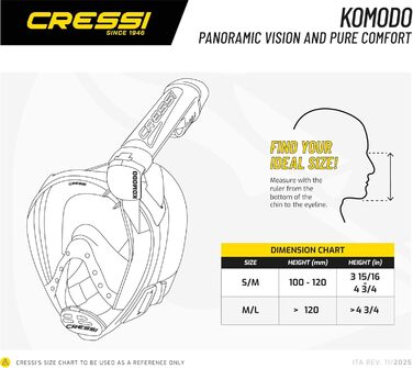 Маска для снорклінгу CRESSI Komodo – повна маска Dry з широким оглядом 180° та боковим загубником. Без запотівання, регульовані ремінці M/L, чорний колір.