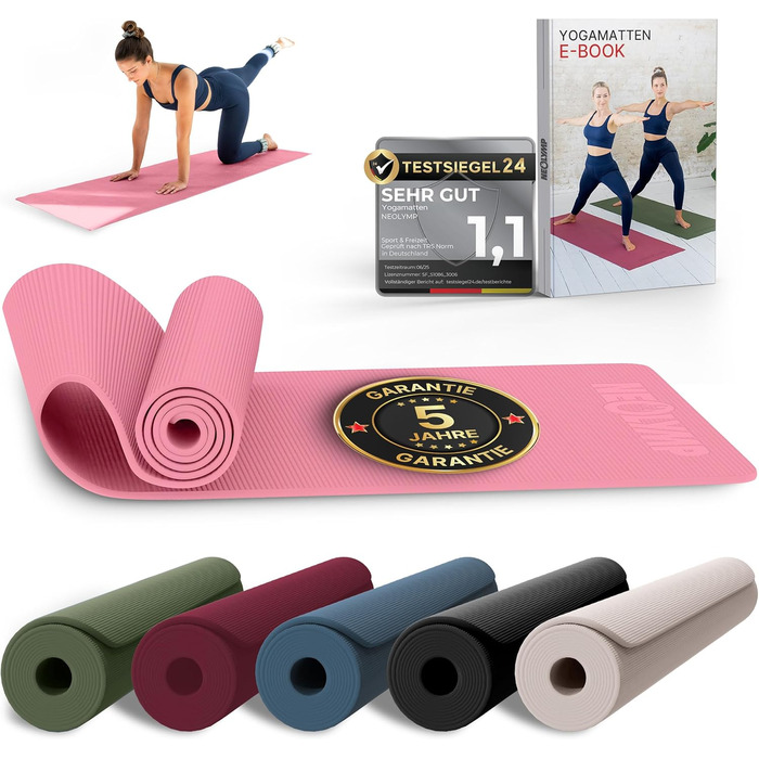 Килимок для йоги Neolymp протиковзкий та захищає суглоби – 183x61 см – PVC – для йоги, пілатесу – з E-Book та відео-управами (Рожевий)