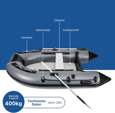 Надувний човен NEXX 260cm для риболовлі та відпочинку на воді - з сидінням та веслами, сірий