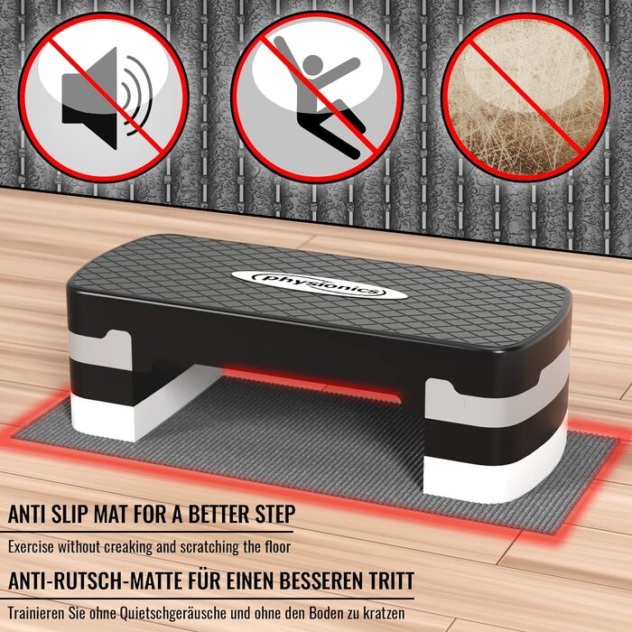 Фітнес степер Physionics® з 3 рівнями (10/15/20 см), регульована висота, антиковзне покриття, до 200 кг - для кардіотренувань вдома