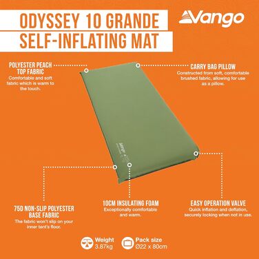Каремат самонадувний Vango Odyssey 10 см, Epsom Green - комфортний для кемпінгу та туризму