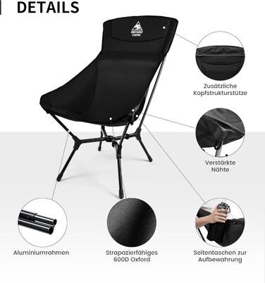 Стілець для кемпінгу OneTigris OASISFLEX, висока спинка, 150 кг, складний, легкий, з інтегрованим хрестоподібним каркасом, для риболовлі, з 2 кишенями, для відпочинку на природі, піших прогулянок (чорний)