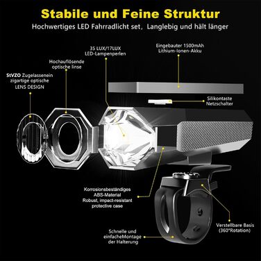Набір велосипедних ліхтарів LED, STVZO, водонепроникні, USB-зарядка, передній та задній ліхтарі