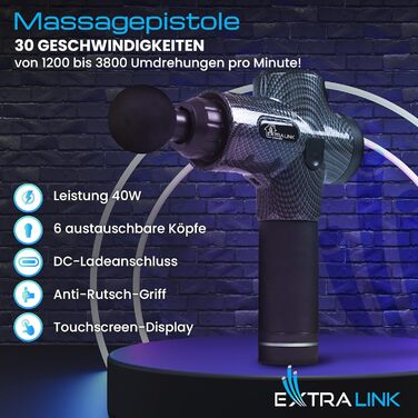 Масажний пістолет Extralink Pro з 6 насадками, 30 швидкостей, USB-C – для м'язів, шиї, релаксації (3800 RPM)