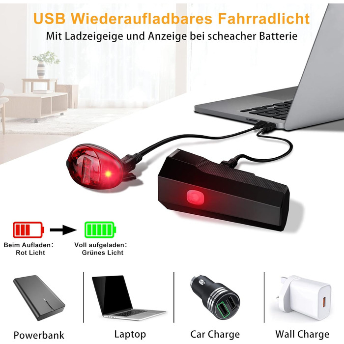 LED-велофара з заднім ліхтарем, комплект, водонепроникний, USB-зарядка, для дітей та дорослих