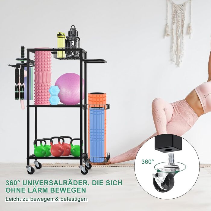 Стійка для зберігання спортивного обладнання Smusei: 3 яруси, металева, з роликами та 8 гачками. Підходить для йог-матів, гантелей, гир, кульок та іншого. Чорний колір.