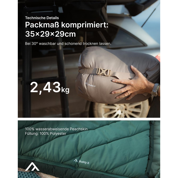 Сплячий мішок Qeedo Buddy 8 Outdoor для літа (8-25°C), 3 сезони, для дорослих та підлітків (до 200 см), компактний та легкий, поверхня Peach-Skin, колір Pinegreen