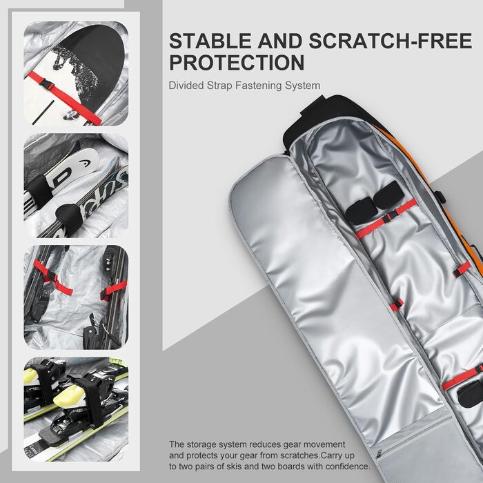 Чохол для лиж Odoland з роликами, водонепроникний, для подорожей літаком, 170 см, оранжевий