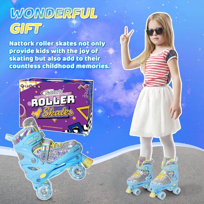 Дитячі ролики Nattork, ролики для катання, ролики для дівчаток та хлопчиків, регульовані на 4 розміри, для початківців, для використання в приміщенні та на вулиці, блакитний (S 175-200 мм / 27-31 EU)