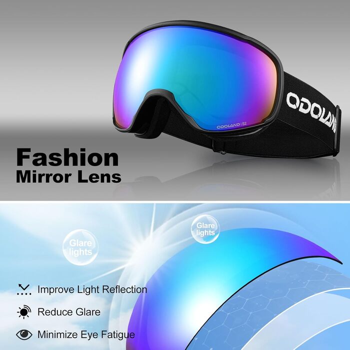 Окуляри для сноуборду та гірськолижного спорту Odoland, чорні, дзеркальні, VLT 14% - захист від сонця та запобігання запотіванню