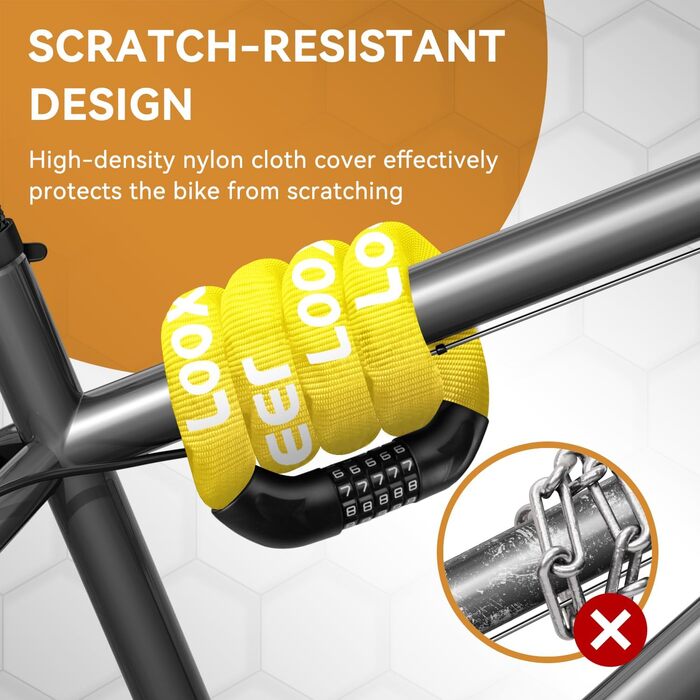 Замок для велосипеда з цифровим кодом, 11 кольорів, 90 см, рівень безпеки 8, 5-значний, для велосипеда, мотоцикла, ролера, дверей (жовтий)
