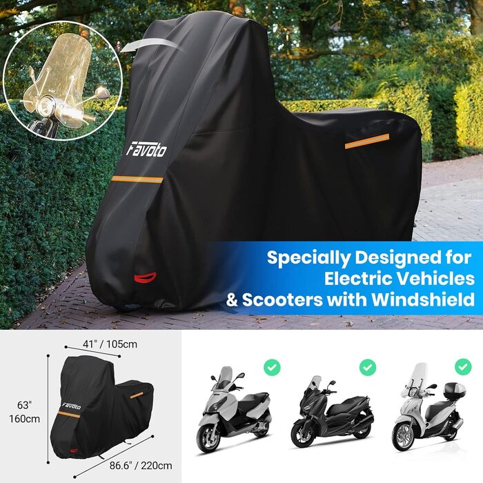 Водонепроникний чохол для мотоцикла Favoto 220x105x160 см з захистом від вітру, світловідбиваючими смугами та отвором для замка, чорний