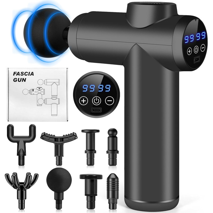 AQXONG Міні масажер для м'язів, портативний електричний масажер з LCD дисплеєм, 99 швидкостей, 8 насадок, тиха робота 35dB, акумуляторний