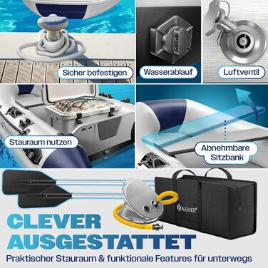 Надувний човен KESSER® Wave 230-320 см, комплект 6 в 1: човен, лавка, насос, весла, ремкомплект, сумка. Для моря, річки, мотора. Сіро-блакитний