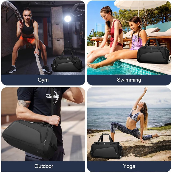 Спортивна сумка для подорожей з відділенням для взуття та вологих речей, водонепроникна сумка для фітнесу, плавання та залу, чорна (унісекс)