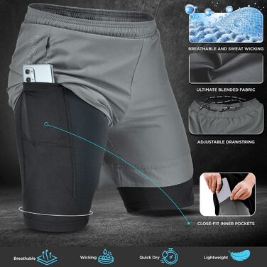 Шорти чоловічі RDX 2-в-1 для бігу та тренувань, компресійні, з кишенями на блискавках (Сірий, XL)