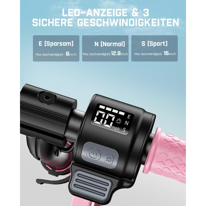 Дитячий електросамокат FanttikRide C9 Pro з регульованою висотою, LED-дисплеєм, барвистим підсвічуванням, складний, для хлопчиків і дівчаток від 8 років, швидкість до 16 км/год, запас ходу 8 км