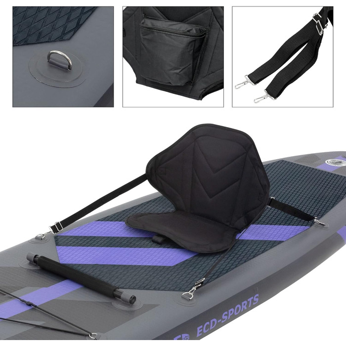 Надувна SUP-дошка ECD Germany 320x82x15 см з каяк-сидінням, комплект аксесуарів, чорна/блакитна/бірюзова/сіро-оранжева, ПВХ, алюмінієве весло, для серфінгу та веслування