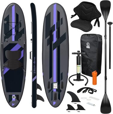 Надувна SUP-дошка ECD Germany 320x82x15 см з каяк-сидінням, комплект аксесуарів, чорна/блакитна/бірюзова/сіро-оранжева, ПВХ, алюмінієве весло, для серфінгу та веслування