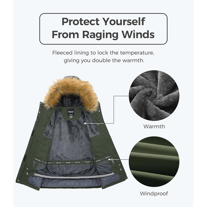 Wantdo Дана Водонепроникна Лижна Куртка, Вітрозахисна, Зі штучним хутром, для гірськолижного спорту та сноубордингу (Зелена, XXL)
