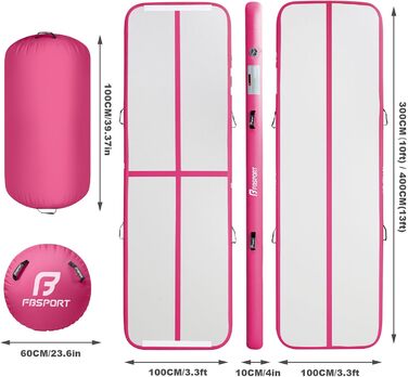 FBSPORT Килимок для гімнастики та йоги надувний, 400x100x10 см (рожевий) з ролею 100x60 см, 10 см товщини