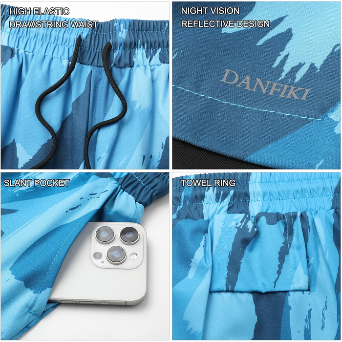 Шорти спортивні чоловічі 2 в 1, швидковисихаючі, для тренувань, гімнастики, бігу, аутдору (XL, синій камуфляж з чорною підкладкою)