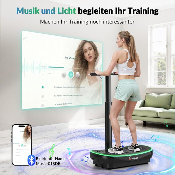 Vibrationsplatte EvoSpark 4D PRO 7-в-1: Тест-переможець 2025, 900W, 9 LED, 550 lbs, з ручкою для домашніх тренувань