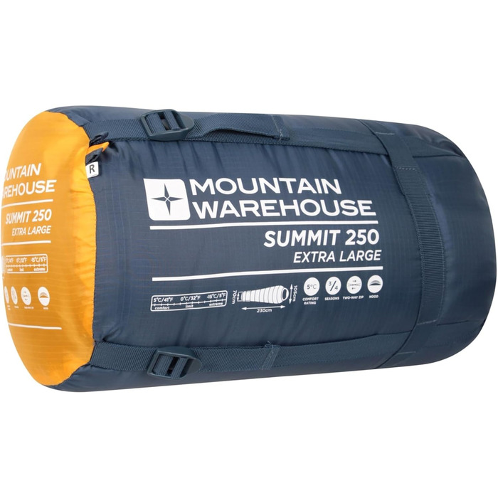 Спальний мішок Mountain Warehouse Summit 250 - 3/4 сезону, ізольований, мумієподібний, 22x40 см у складеному стані. Підходить для осені, кемпінгу та трекінгу. Застібка-блискавка справа, довжина 215 см (Жовтий, XL)