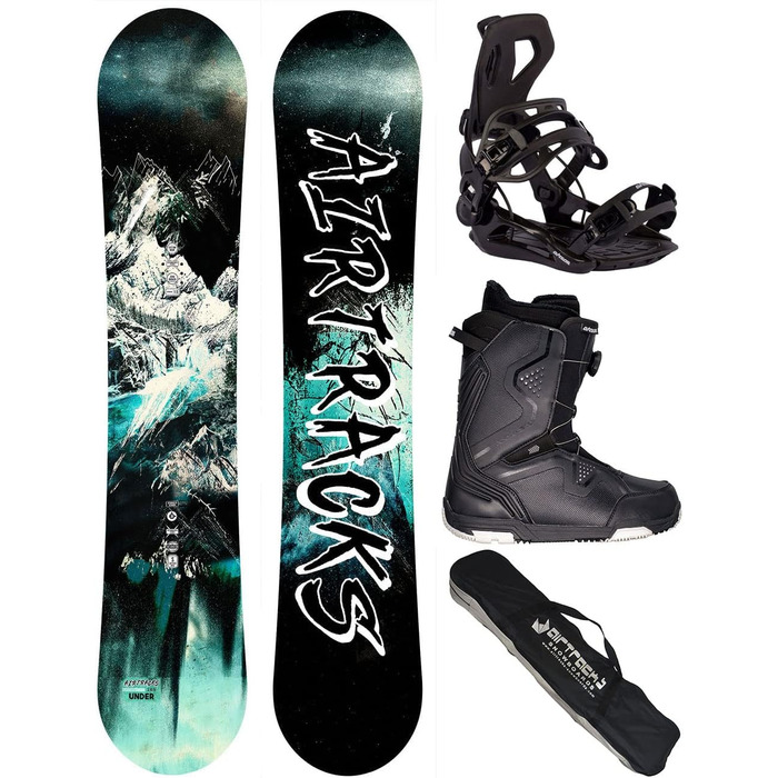 Чоловічий сноуборд-комплект Airtracks: дошка Wide Flat Zero Rocker 156 см, кріплення Master, черевики Strong Atop 45, сумка
