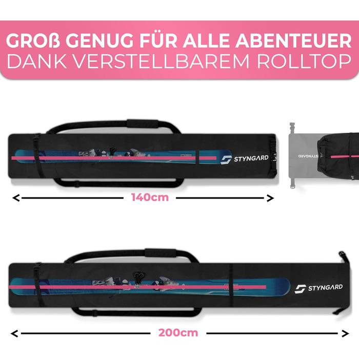 Чохол для лиж STYNGARD Helsinki, чорно-рожевий, 140-200 см, міцний матеріал, якісна фурнітура
